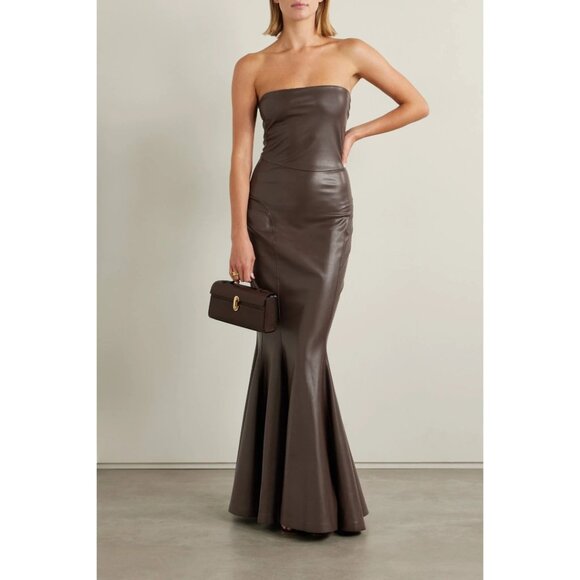 NWT Norma Kamali Strapless Faux Leather Fishtail Gown Chocolate Brown Size L - Picture 13 of 16